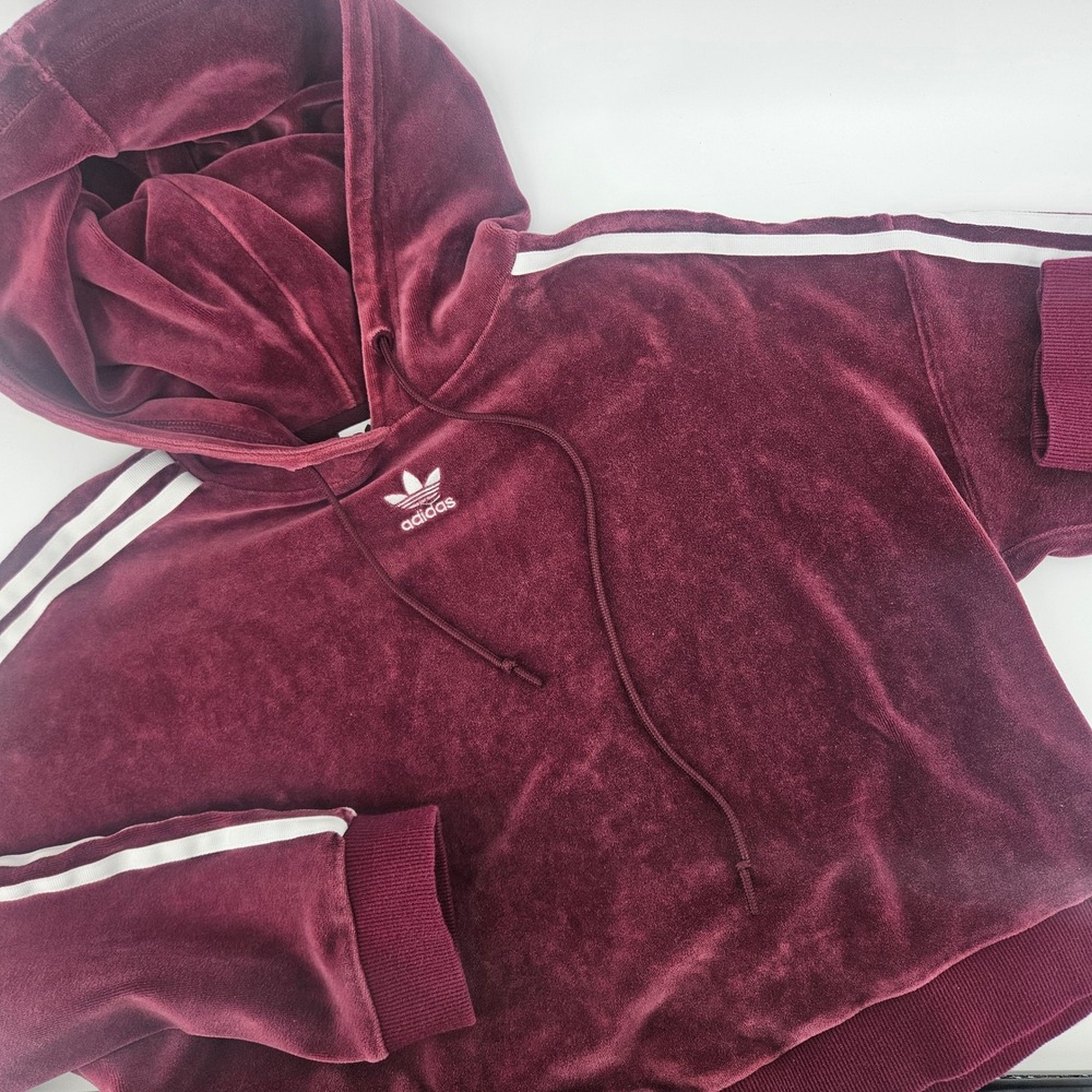 Adidas Women Small Hoodie Velour Maroon 3 Stripe Cropped Pullover Y2K Velvet